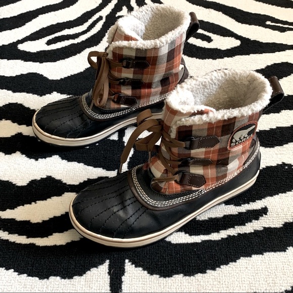 Sorel Tivoli Orange Plaid Ankle Shearling Boots Size 9 - Picture 3 of 8